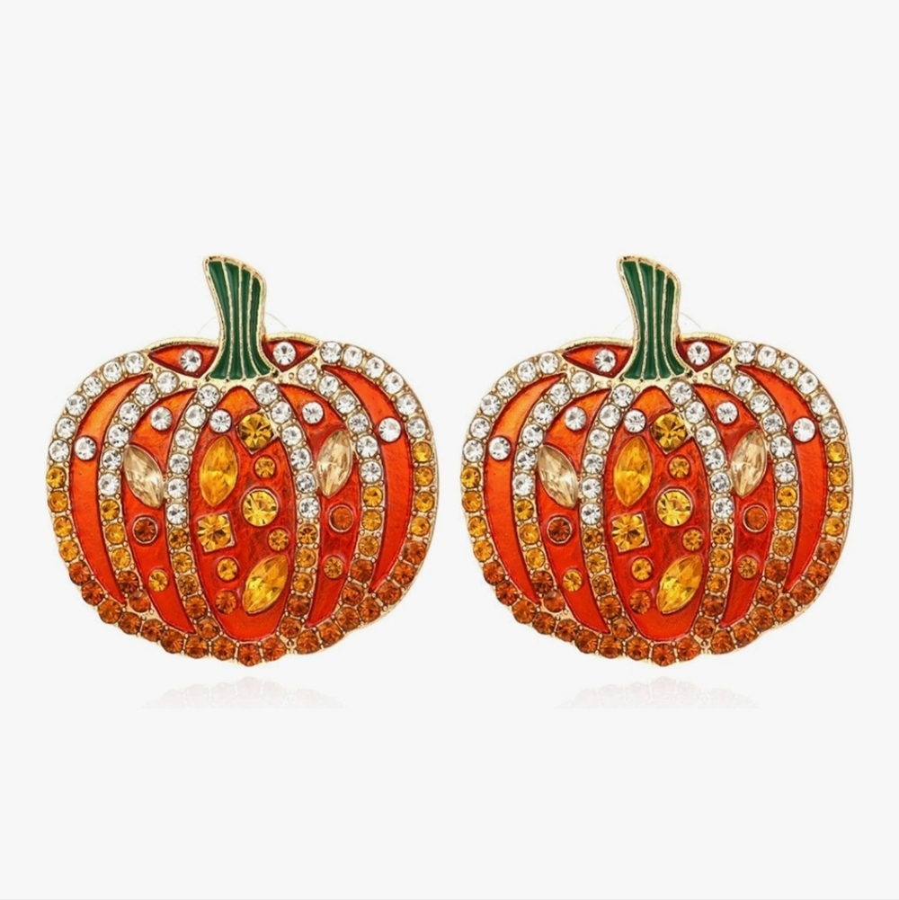 Pave Rhinestone Orange Pumpkin Earrings Autumn Harvest Thanksgiving Post Style